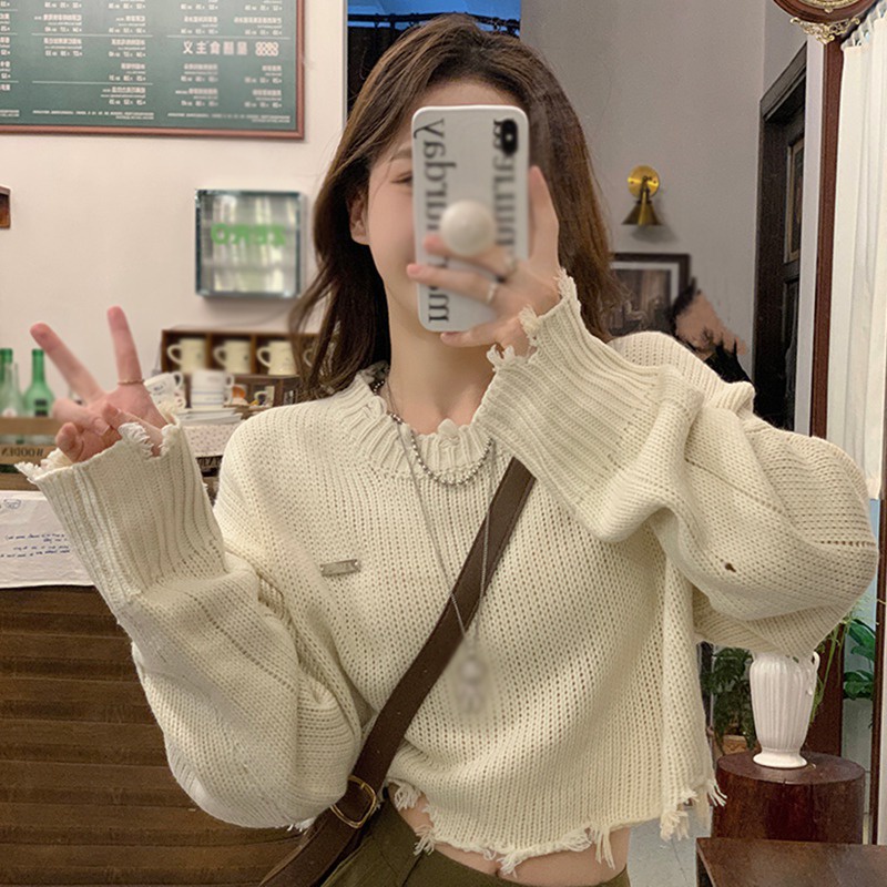 Áo Sweater Dệt Kim Cổ Tròn Dáng Rộng Màu Trơn Phong Cách Vintage Hàn Quốc