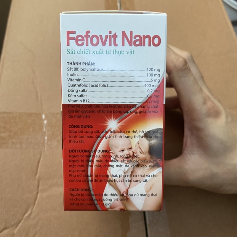 Hộp 100 Viên uống bổ máu FEFOVIT NANO sắt chiết xuất từ thực vật - Bổ sung sắt III và Acid Folic cho cơ thể tạo máu