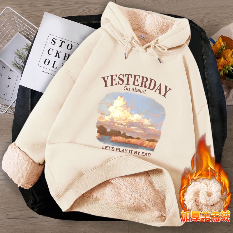 Áo Hoodie Lót Lông Cừu Dày Phong Cách Thu Đông Mới