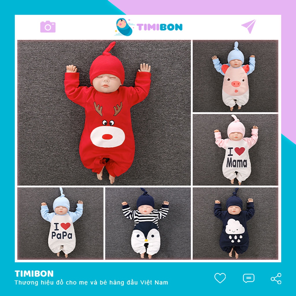 Bộ Đồ Liền Thân Quần Áo Trẻ Em Sơ Sinh Dài Tay Chất Cotton Bodysuit Cho Bé Trai Bé Gái Hình Thú Timibon [BDD4]