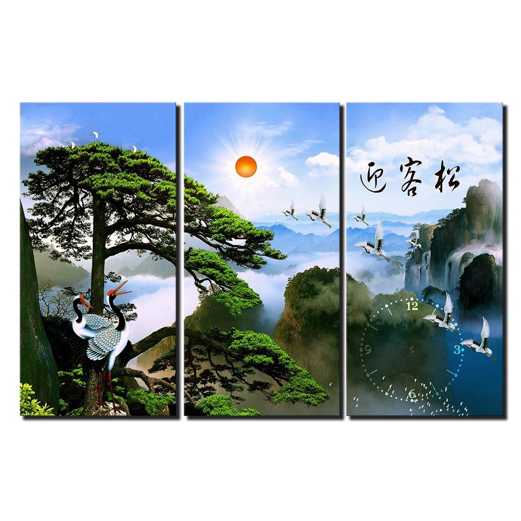 Tranh treo tường - Hạc Báo Bình An 08 ( 3 TRANH GHÉP CÓ ĐỒNG HỒ - KT 60 x 90cm)