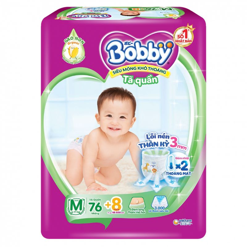 Tã quần Bobby tinh chất gạo non M76 miếng