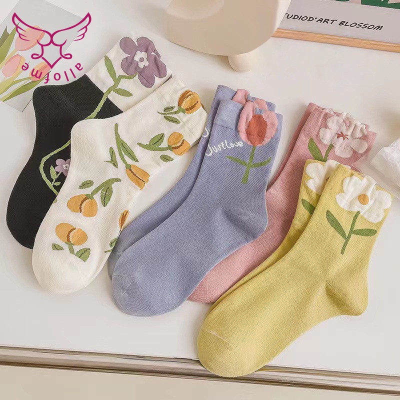 Tất cotton All of me mềm mại thoải mái họa tiết hoa tulip Nhật Bản dễ thương xinh xắn cho nữ