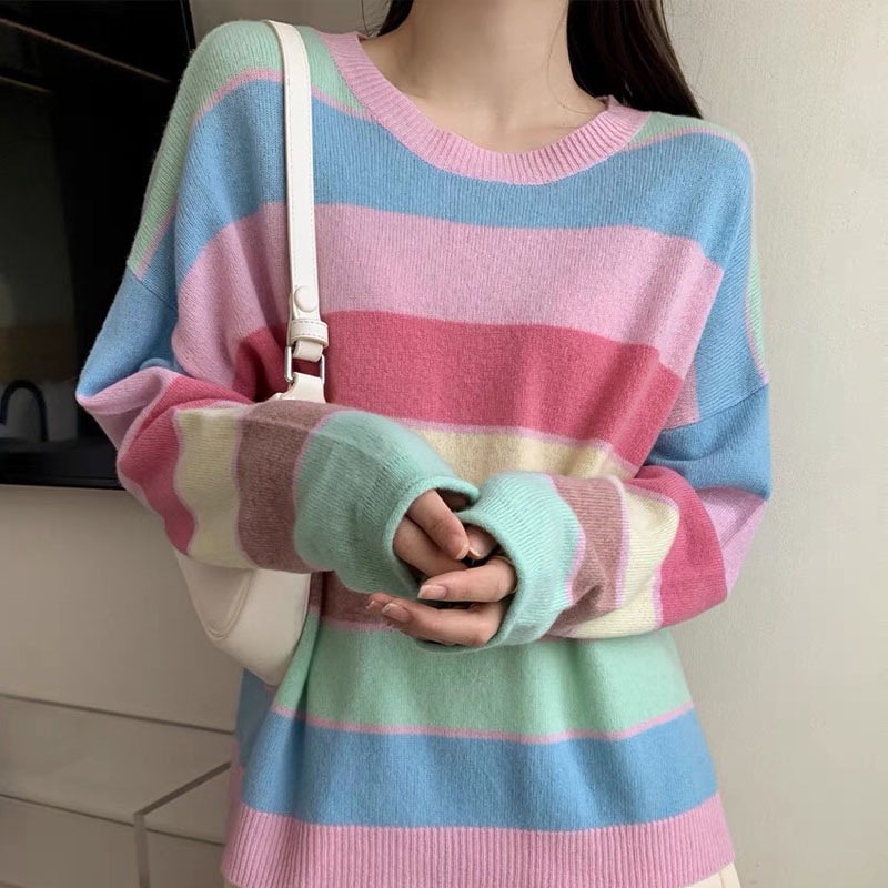 Áo Sweater Dệt Kim Cổ Tròn Tay Dài Dáng Rộng Họa Tiết Kẻ Sọc Màu Sắc Tương Phản Thời Trang Thu Đông 2021 Cho Nữ