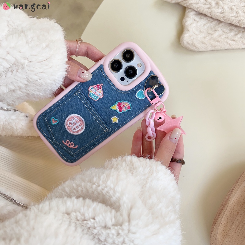 Ốp Điện Thoại Denim Thêu Hình Cô Gái Và Que Kem Cho iPhone 14 Plus 14 13 12 11 Pro Max