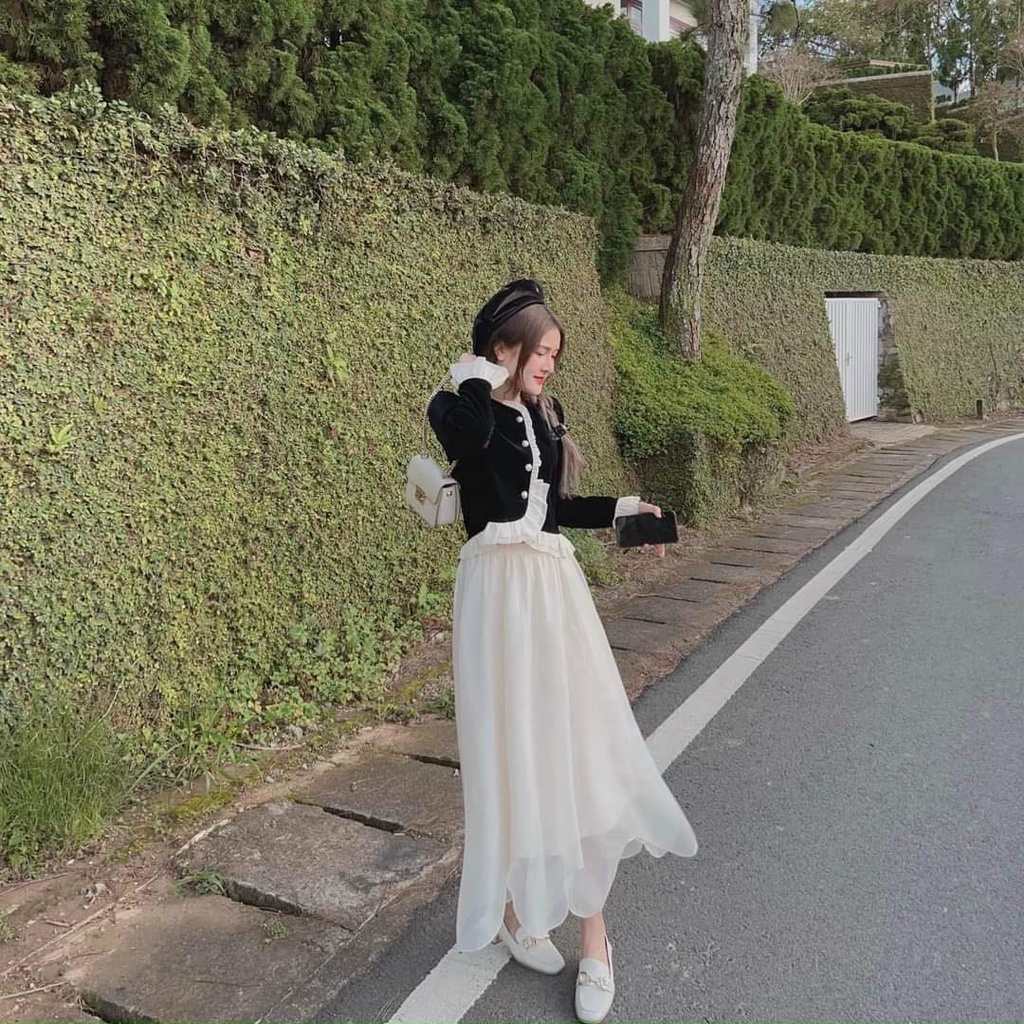 Set đầm thu đông 2023 áo tay dài bèo mix chân váy voan tơ có lót dày dặn - Set tiểu thư thu đông mới nhất