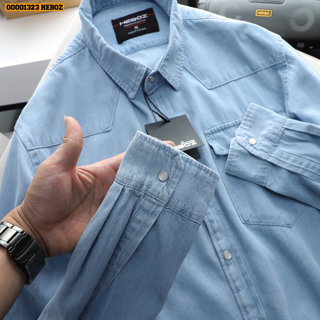 Sơ mi denim cúc bấm Heboz 4M - chất vải denim mỏng, nhẹ và thoáng mát -  00001323