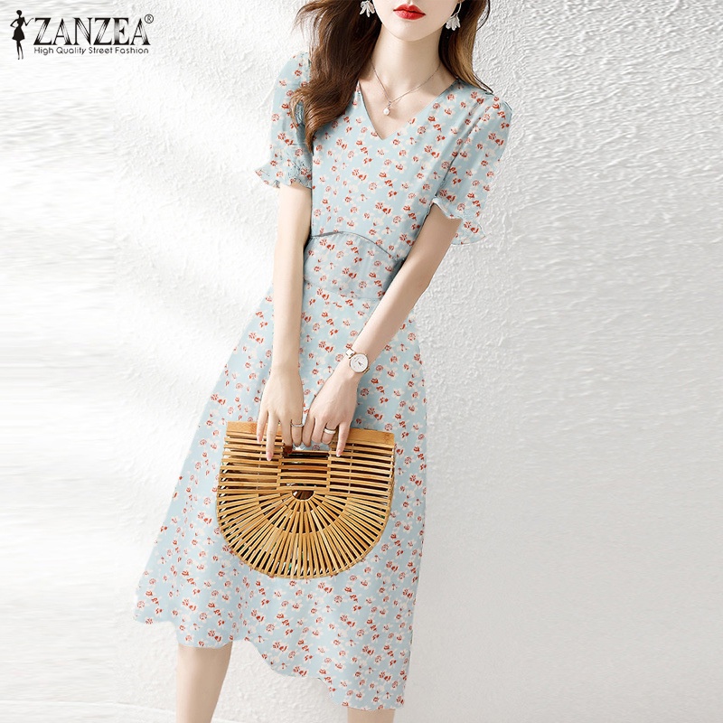 Đầm midi ZANZEA tay ngắn phồng cổ chữ V in họa tiết hoa thời trang dành cho nữ
