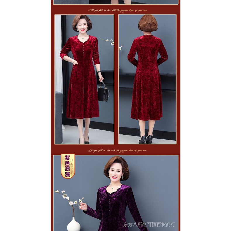 Đầm Nhung Vàng Phong Cách Thời Trang Xuân Thu Mới Cho Phụ Nữ Trung Niên