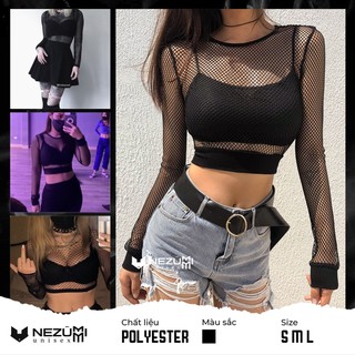 (Sẵn S M L) ÁO CROPTOP REN LƯỚI DÀI TAY SEXY BODY, ÁO TẬP NHẢY DANCE