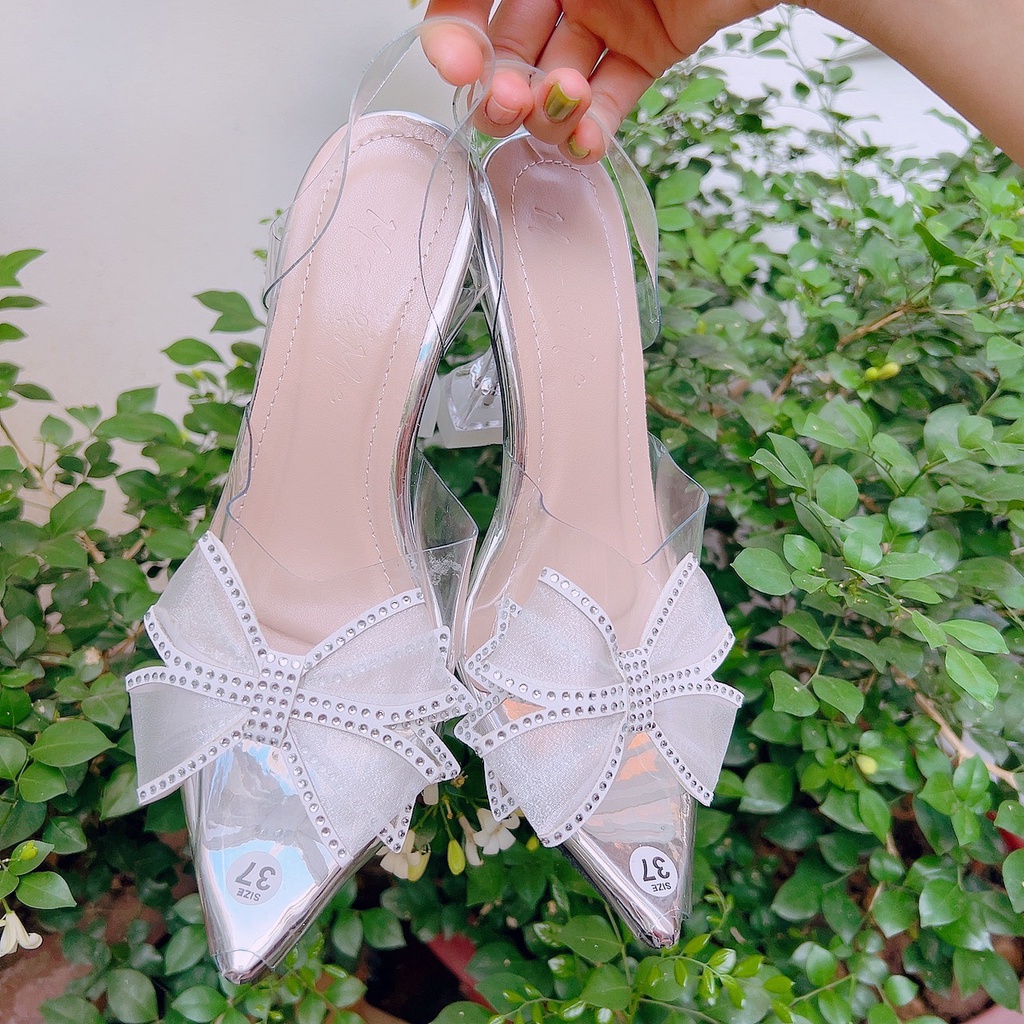 FREESHIP ĐƠN 50K- GIÀY CAO GÓT NỮ - Sandal nữ trong Nơ đá cánh tiên mũi nhọn gót ly cao 8p dễ đi