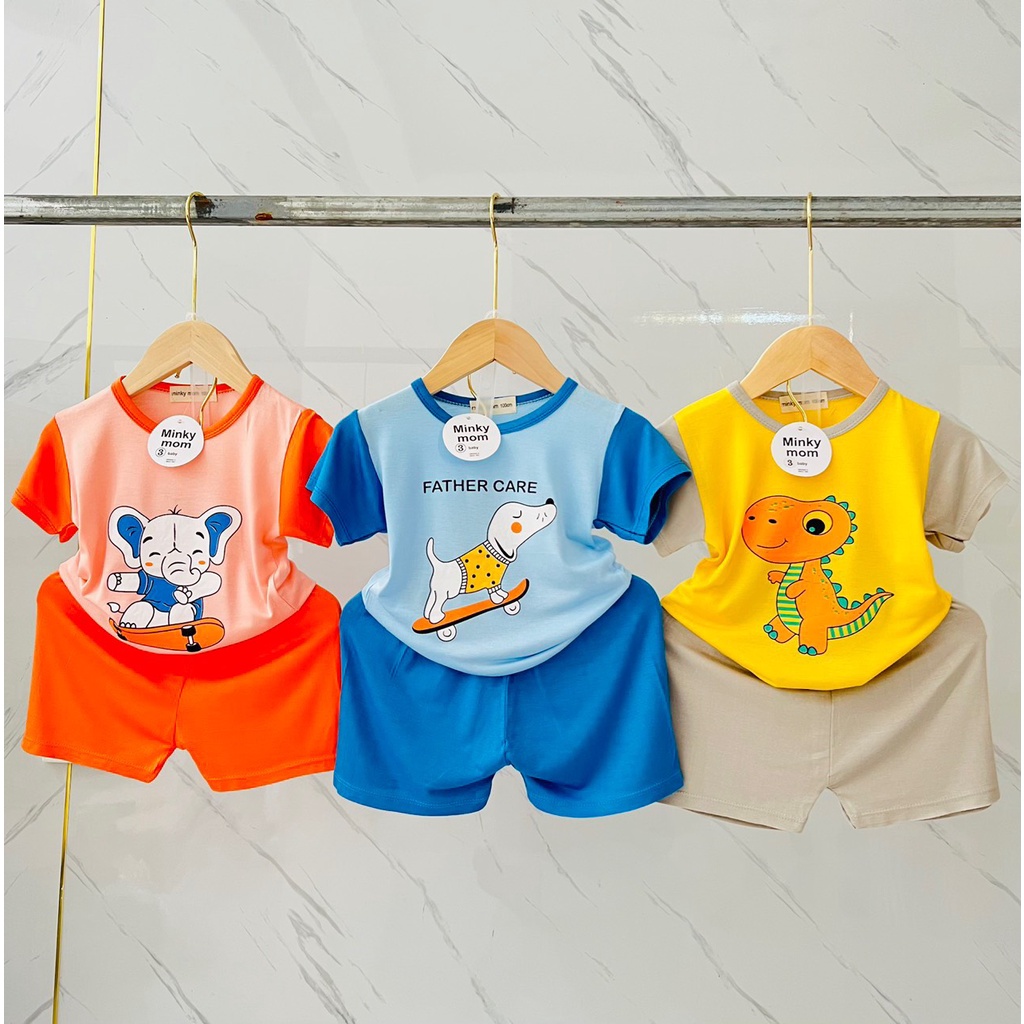 Bộ quần áo cộc tay thun lạnh Minky mom bé trai bé gái size nhí phối ngắn tay