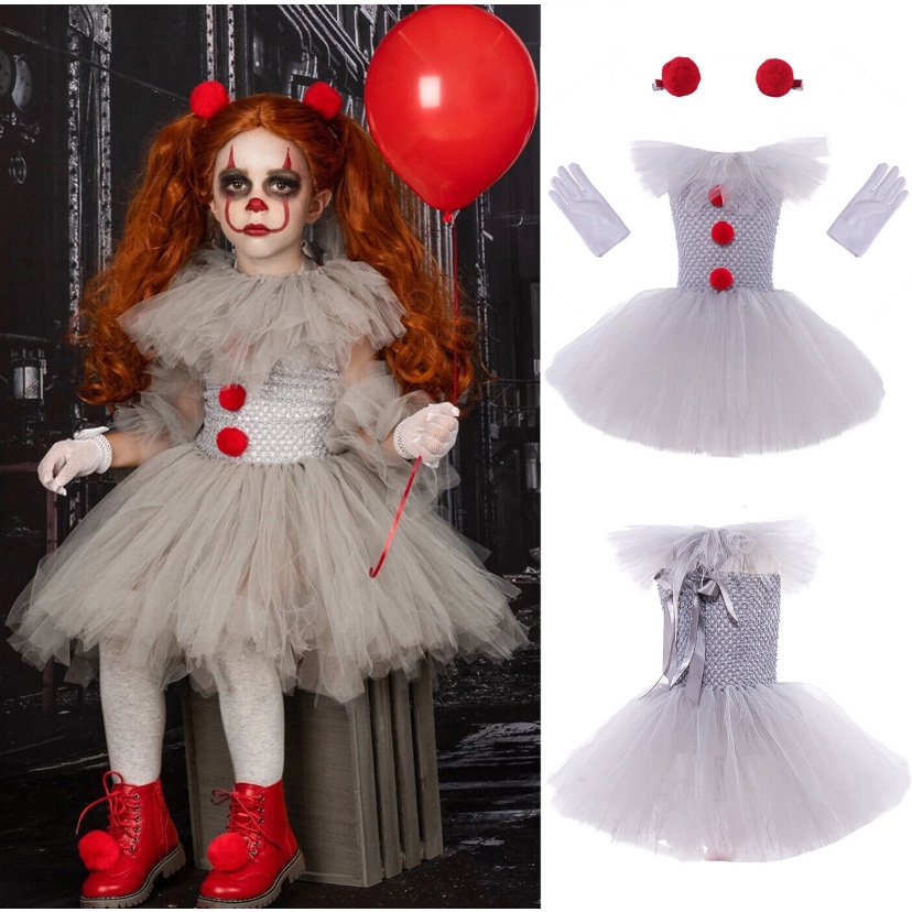 Set trang phục hóa trang chú hề 2023 dành cho bé gái gồm đầm lưới và phụ kiện cho bé đi tiệc halloween