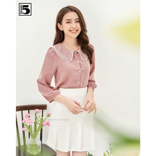 Áo sơ mi nữ công sở tay lửng cổ sen ren hạt chất đũi mát Twentyfive T1102