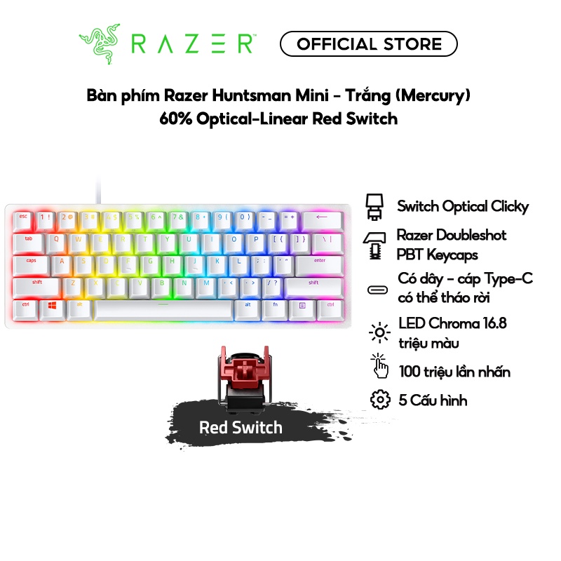 Bàn phím Razer Huntsman Mini Mercury | Led RGB 16.8 màu | Độ trễ 1ms | Cáp Type C có thể tháo rời | 100 triệu lần nhấn