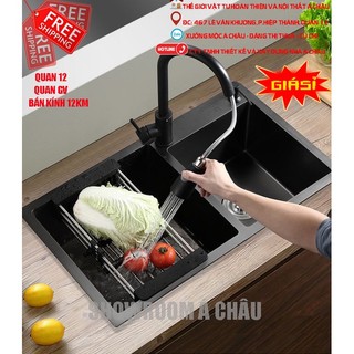 Bồn rửa chén 2 hộc 304 inox nano đen,chậu rửa chén đen dày