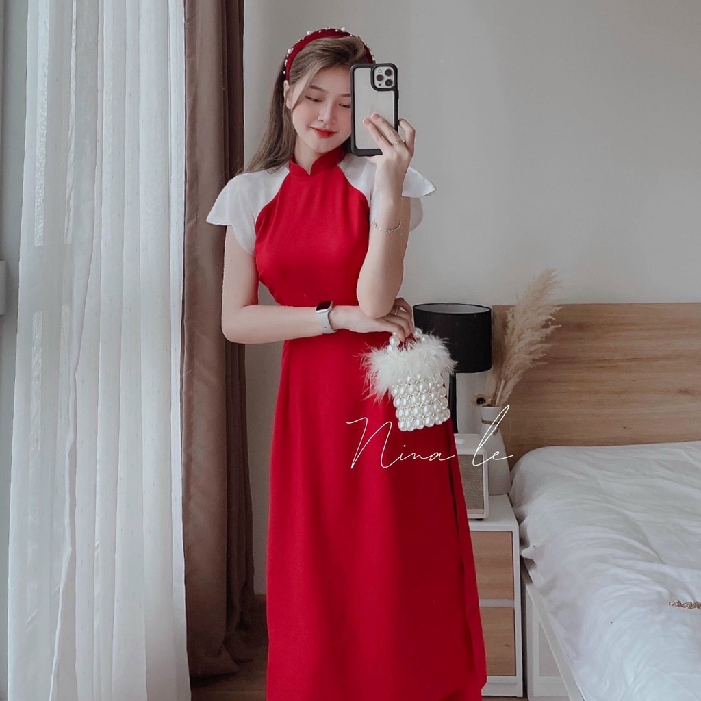 Áo Dài Nữ Cách Tân Tone Đỏ Xinh Xắn Phối Voan Tơ Chất Lụa Cao Cấp Nhẹ Nhàng Tôn Da Cho Các Tình Yêu Diện Lễ