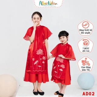 Áo dài thêu hoa sen phối chân váy ALBERKIDS ĐỎ cho mẹ và bé gái cho trẻ em 4,5,6,7,8,9,10,11,12,13,14,15 tuổi AD02