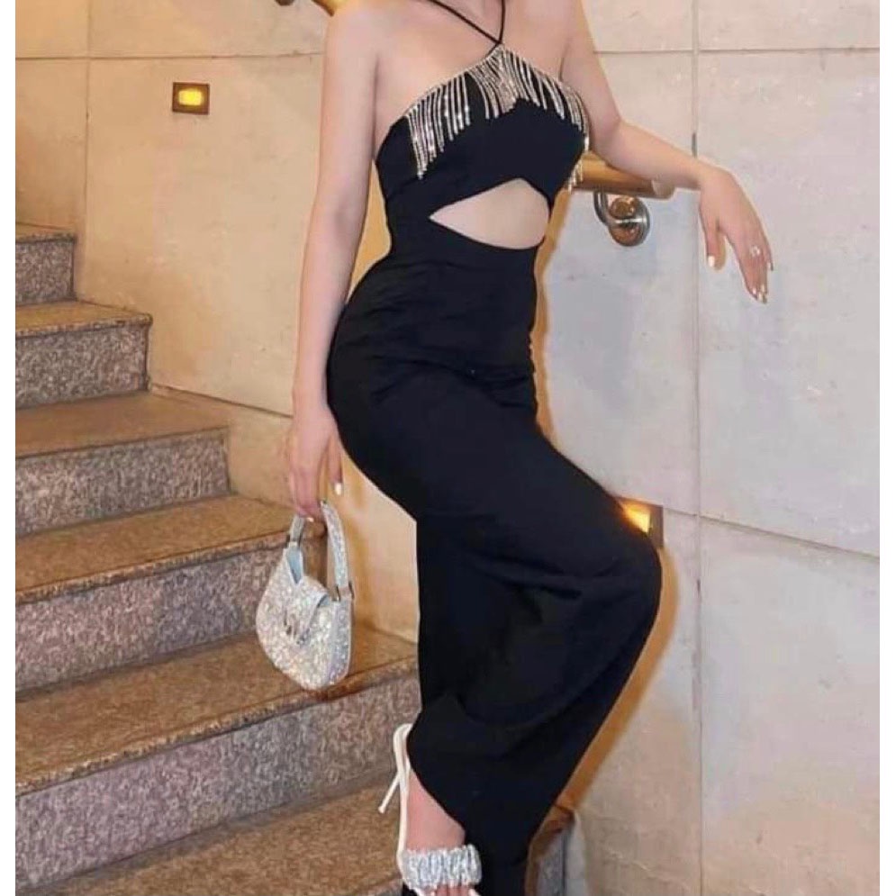[HCM] Jumpsuit Nữ Ống Rộng Cổ Yếm Khoét Eo Hơ Lưng Phối Phụ Kiện Trước Ngực Thời Trang Nữ Sam Closet Free Size 40-55kg