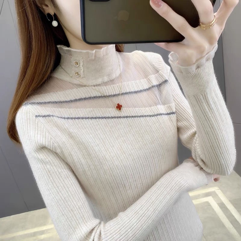 Áo Len Nữ Dài Tay Cổ Cao Phối Ren Thời Trang