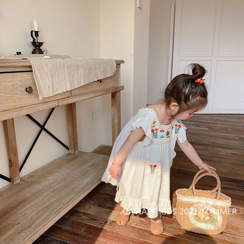 Babyfair Đầm Bé Gái Cotton Không Tay Thêu Thoáng Khí Mùa Hè Có Ren Viền Cho 1 Tuổi Tập Đi