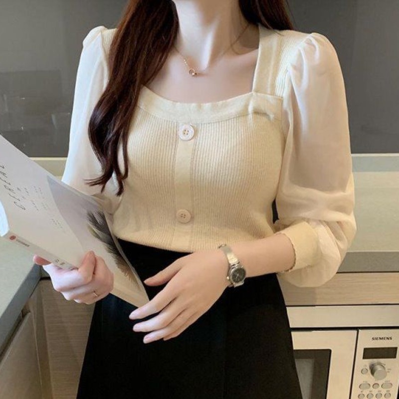 Áo Sweater Dệt Kim Tay Dài Cổ Vuông Phong Cách Pháp Đơn Giản Dễ Phối Đồ