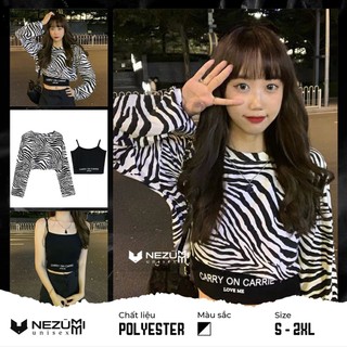 Set Áo 2s croptop đen và áo dài tay ngựa vằn - Áo 2in1 tập nhảy, gym, yoga