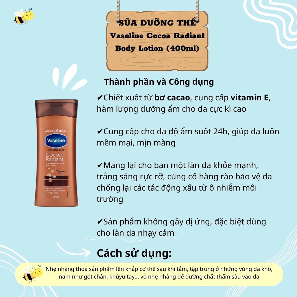 Dưỡng thể CẤP ẨM & TRẺ HOÁ DA Vaseline Body Lotion - Cocoa Bơ Cacao & Matur