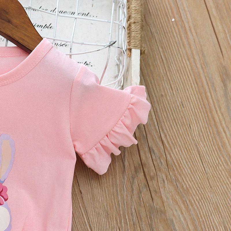 Áo thun cổ tròn tay dún bèo in hoạt hình thỏ cho bé gái 3-4-5-6-7-8 tuổi