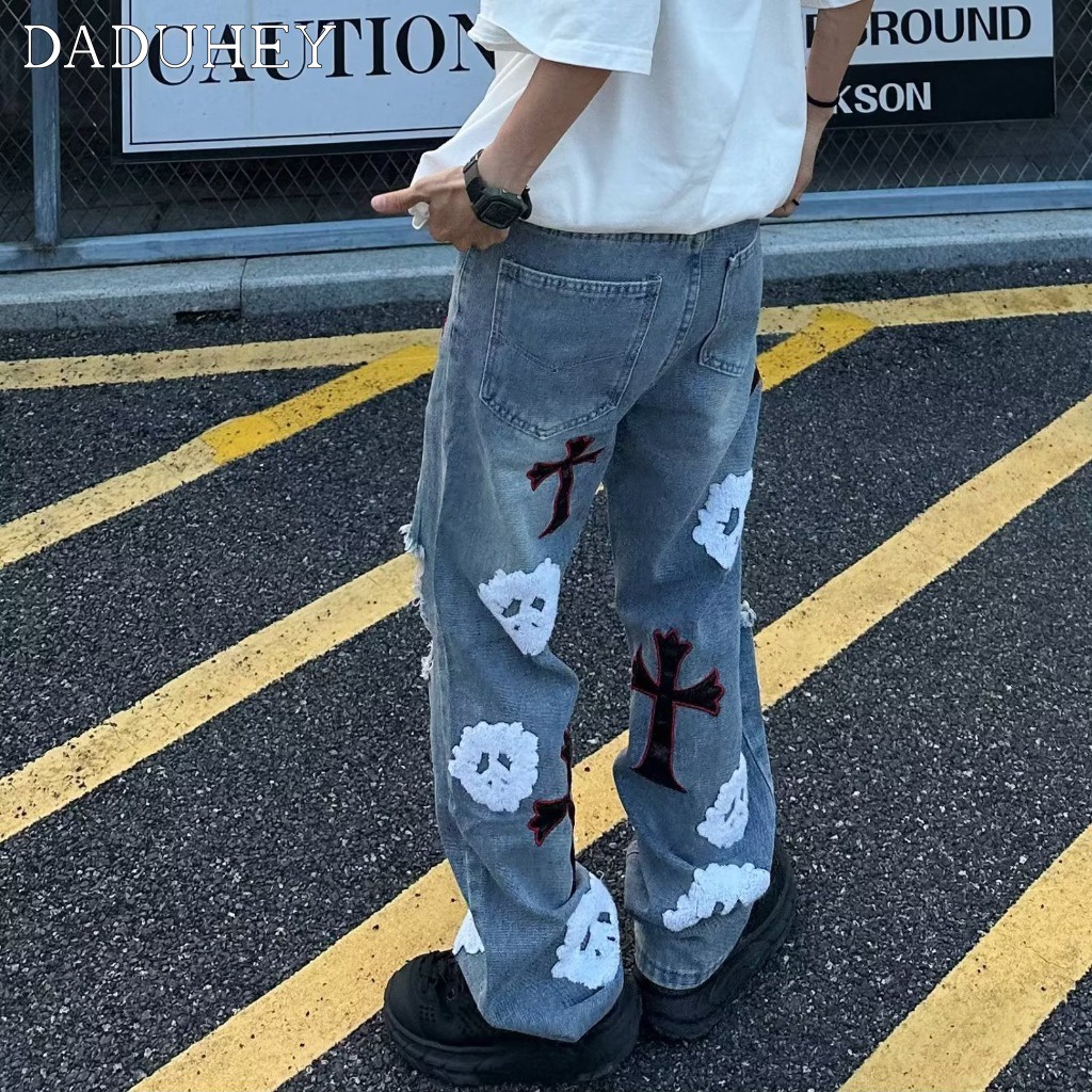 DaDuHey American Street Cross Skull Embroidered Ripped Jeans Men's High Street Fashion Brand Hip Hop Straight Loose Casual Pants