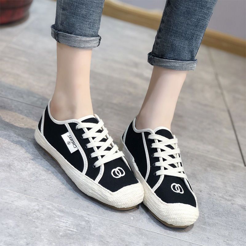 Giày Thể Thao Vải Bạt Mũi Vuông Đế Bằng Buộc Dây Thoáng Khí Thoải Mái Phong Cách Chanel Thời Trang Hàn Quốc 2022 Cho Nữ