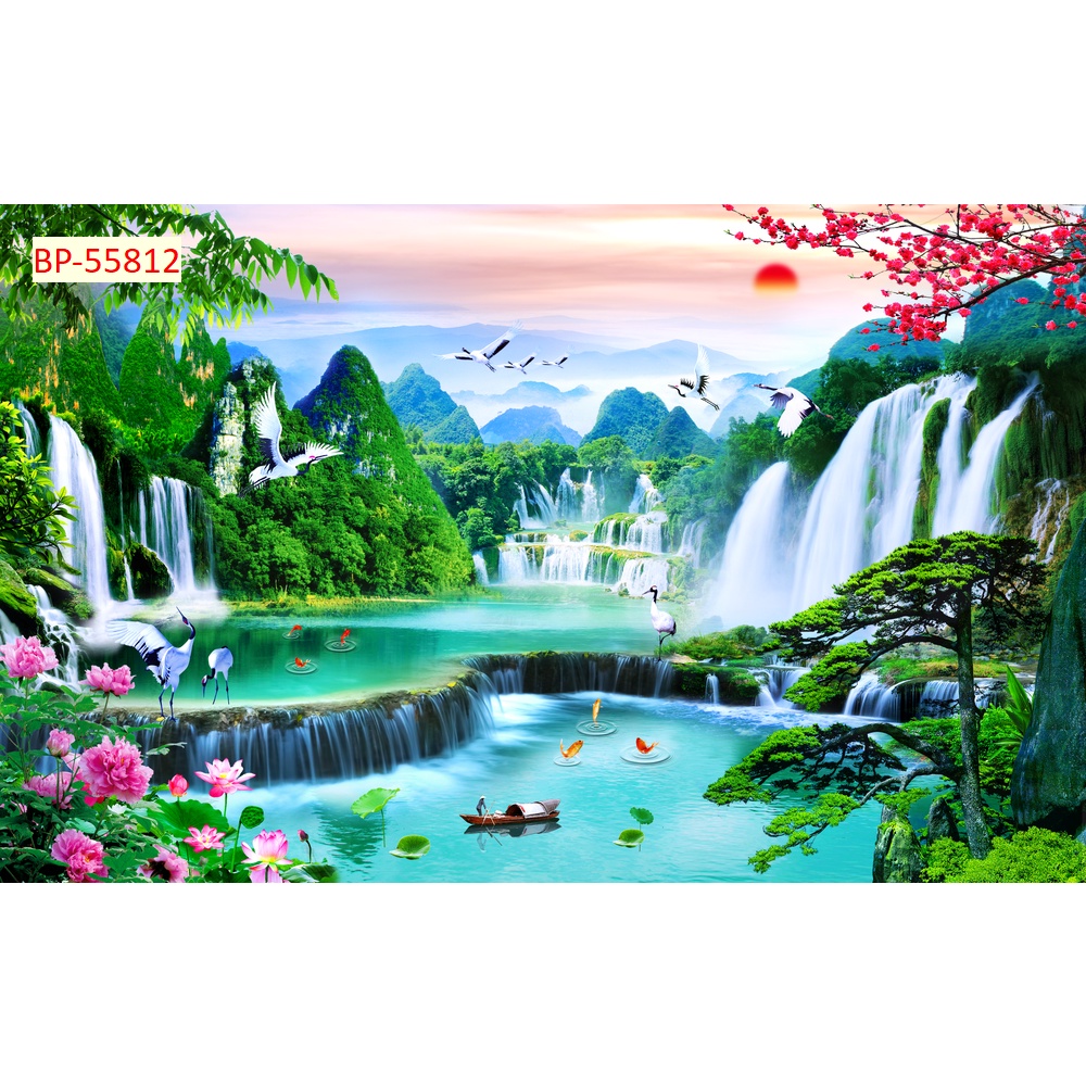 Tranh dán tường Sơn Thủy 3D Cao Cấp Tặng Keo Dụng Cụ Dán
