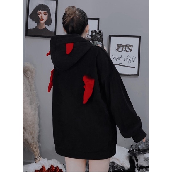 Áo Hoodie Sừng Form Rộng Có Cánh Dơi Dày Dặn Ấm Áp