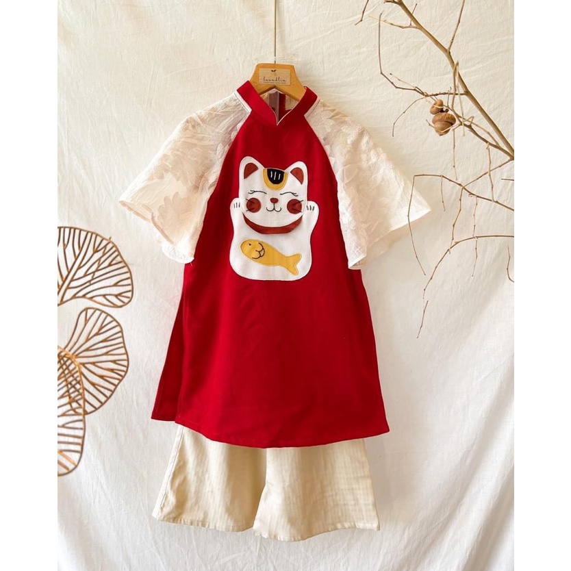 Bộ áo dài đôi cách tân mèo thần tài cho bé trai bé gái 10-20kg