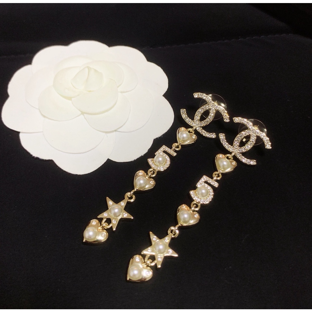 Bông Tai Mạ Bạc 925 Hình Chữ C / Ngôi Sao / Trái Tim Năm Cánh Đính Ngọc Trai Thời Trang