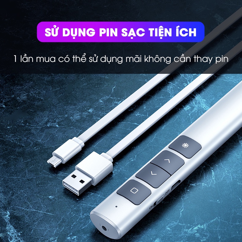 Bút trình chiếu slide powerpoint SIDOTECH laser thuyết trình không dây pin sạc điều khiển từ xa 2 màn hình xa 100m