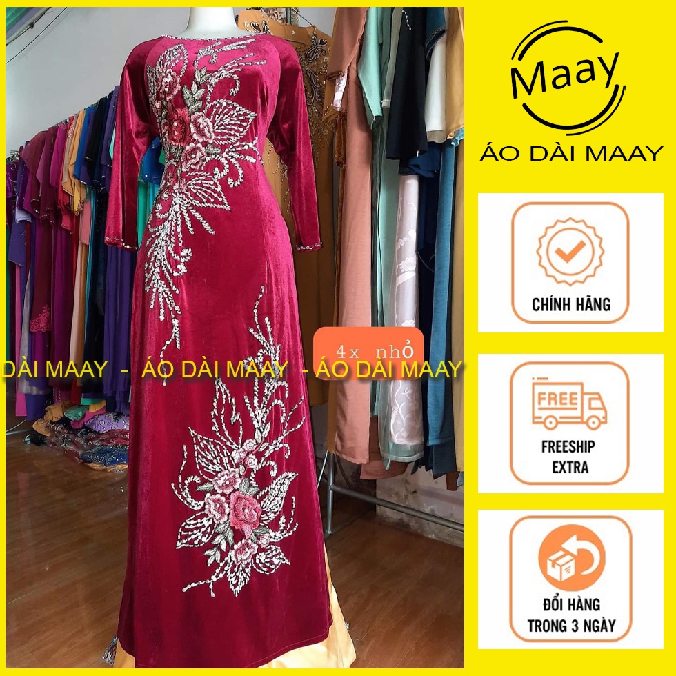 Áo dài nhung trung niên đính kết cổ tròn tay lỡ tặng bà tặng mẹ