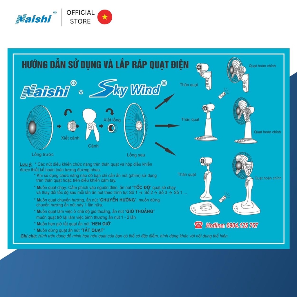 Quạt Treo Tường NAISHI B450 Túp Năng Chuyển Hướng Điện 2 Dây Rút - Công Suất 65W