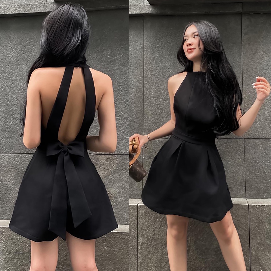 Jumpsuit đen cổ yếm hở lưng, dáng ngắn. Phần nơ rời, có thể mặc thành nhiều cách - Cara | BigBuy360 - bigbuy360.vn