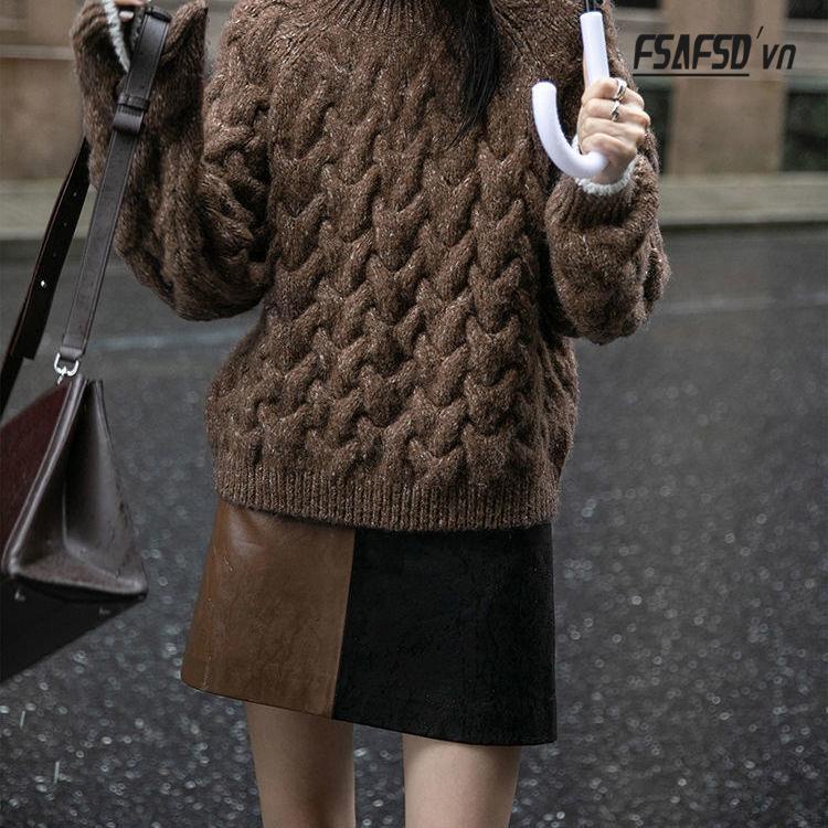 Chân Váy Chữ A Chất Liệu Da Họa Tiết Sọc Caro Phong Cách Retro