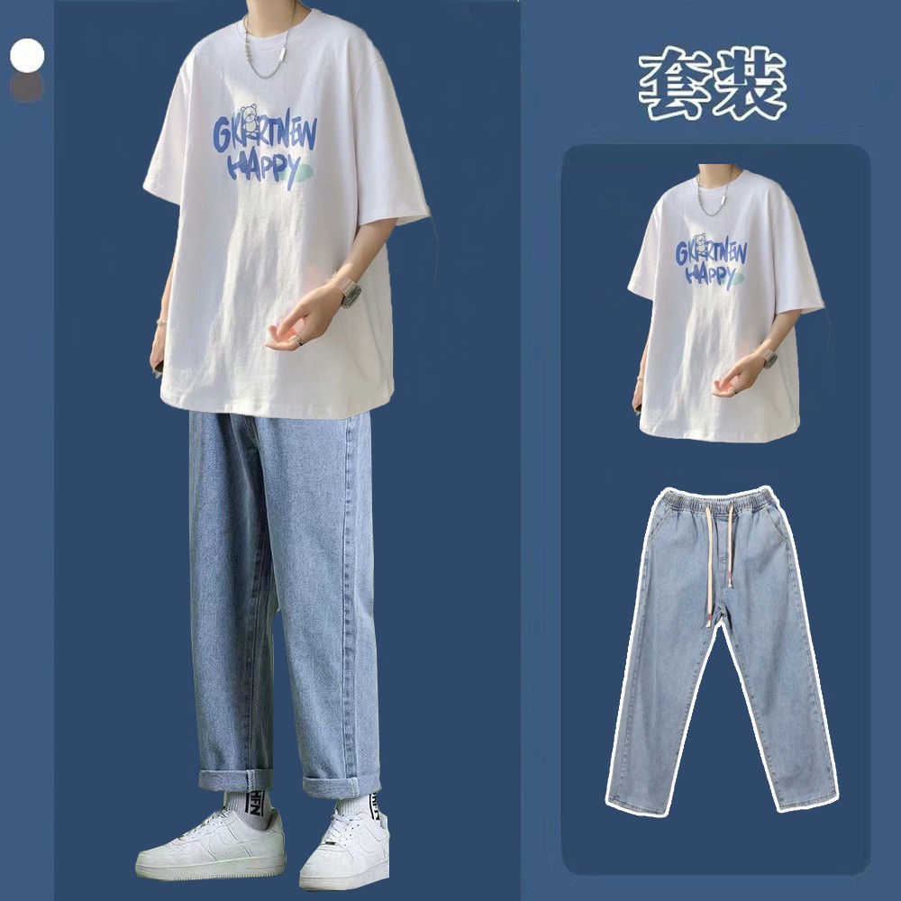 áo khoác chống nước varsity jacket Set Áo Thun Ngắn Tay + Quần Jean Dài Thời Trang Mùa Hè Cho Nam