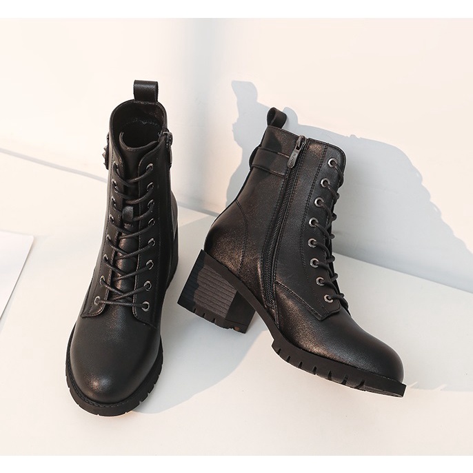 Giày Bốt Nữ Exull Mode Dây Buộc Chiến Binh Thời Trang Nữ Shoes Boots Da Lì Độn Đế 6cm Khoá Sườn 12186005