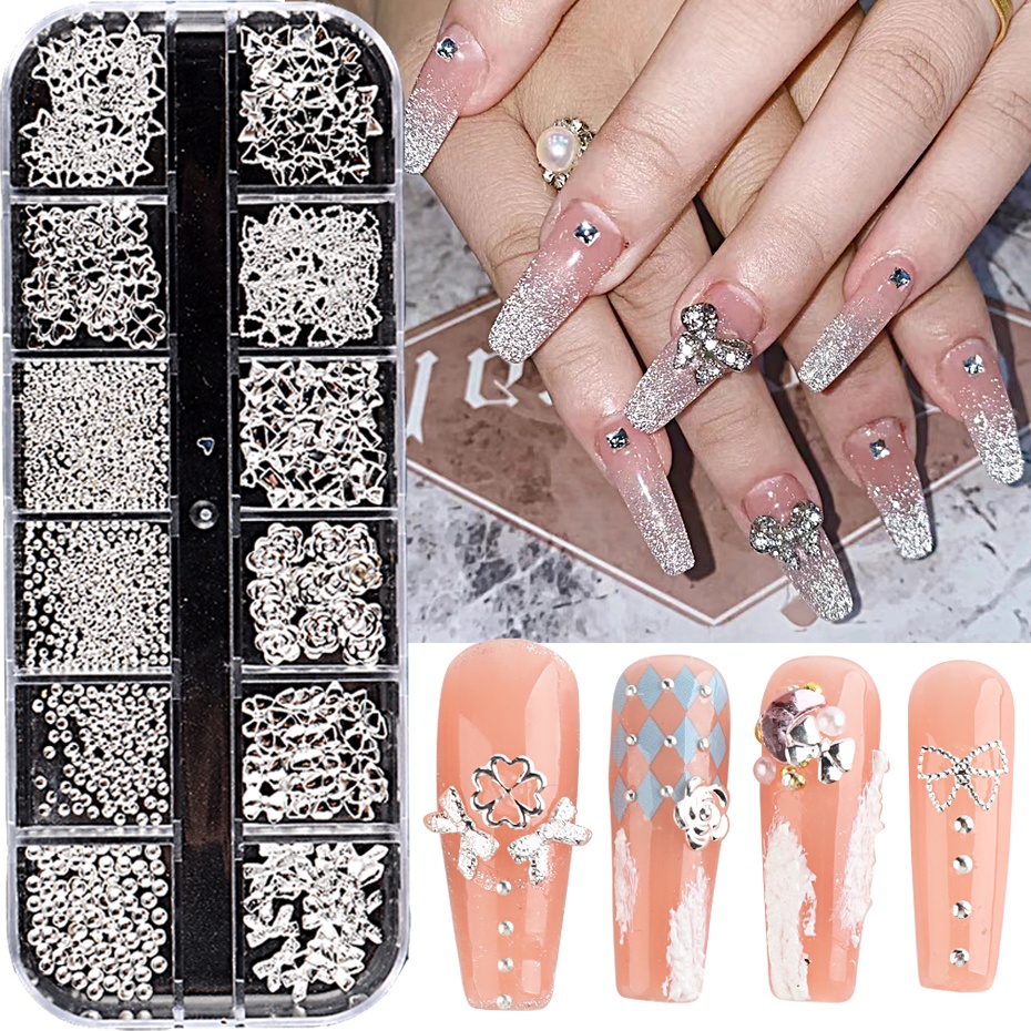 Hạt Đá 3D Bằng Hợp Kim Màu Vàng / Bạc Hình Nơ / Trái Tim Dùng Trang Trí Móng Tay Nghệ Thuật DIY