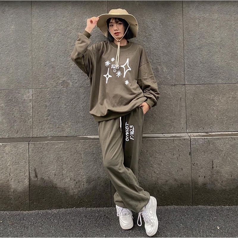 Set nỉ chân cua sweater và quần dài xanh rêu FW23 67AH