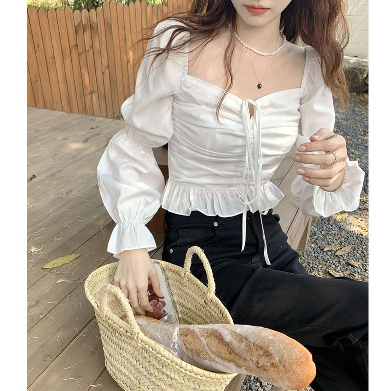 👗Trang phục Junyi💗 Áo Sơ Mi Tay Phồng Cổ Vuông Phong Cách Retro Pháp Thời Trang Mùa Xuân Dành Cho Nữ