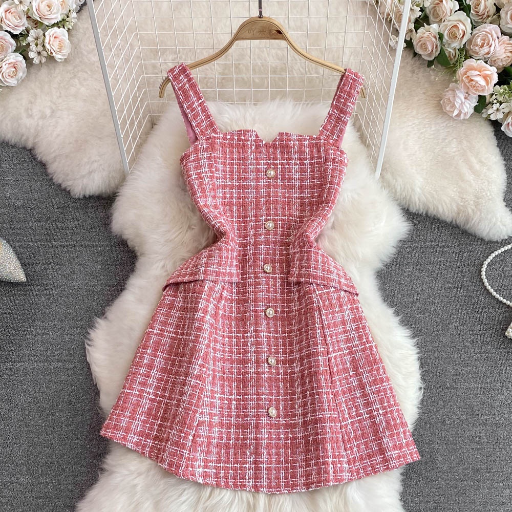 #2576 [Order/ Sẵn hồng M Đầm dạ tweed 2 dây cao cấp siêu xinh