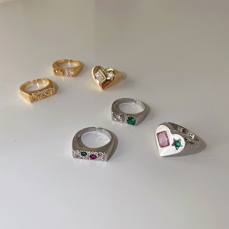Nhẫn Hở Hình Trái Tim Bằng Kim Loại Đính Đá Zircon Nhiều Màu Phong Cách Hàn Quốc