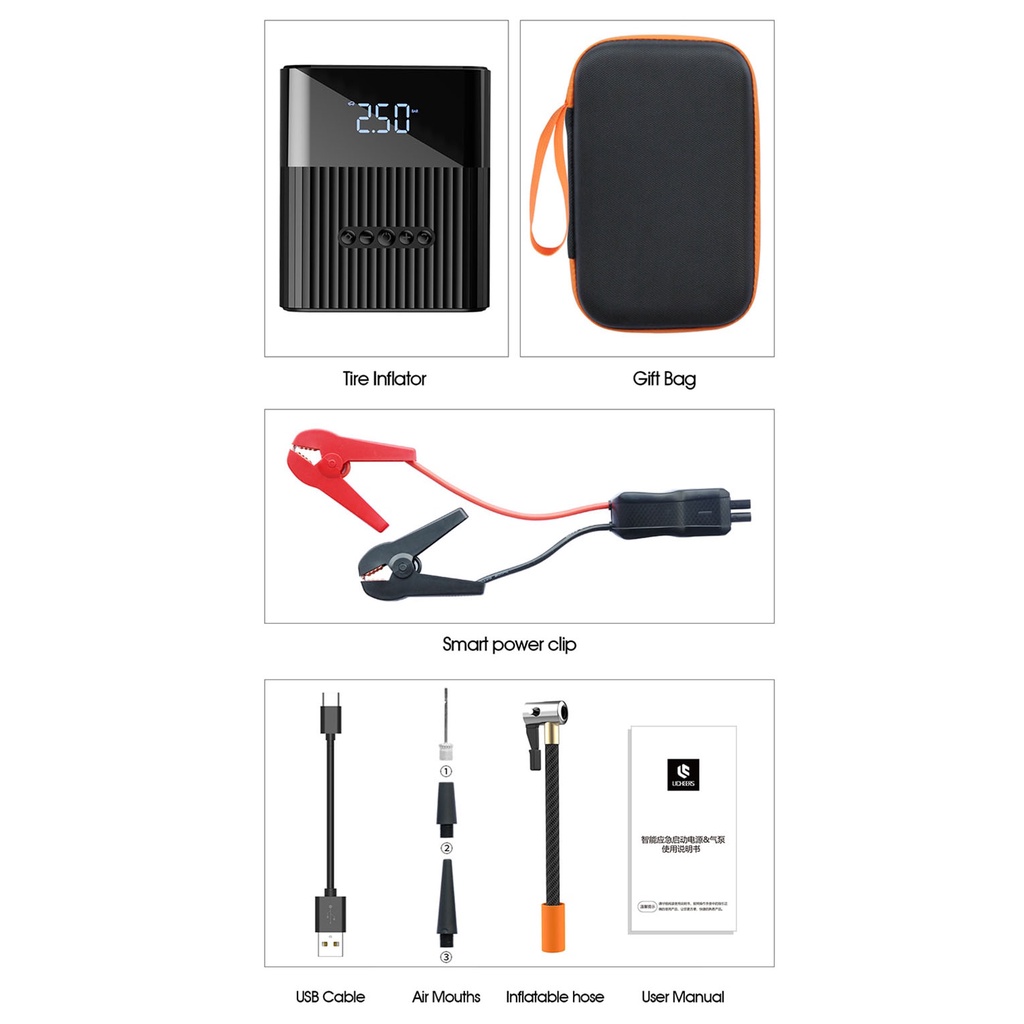 Bộ Kích Nổ Xe Ô Tô Kiêm Bơm Lốp Tích Hợp Sạc Dự Phòng Đa Năng 12V