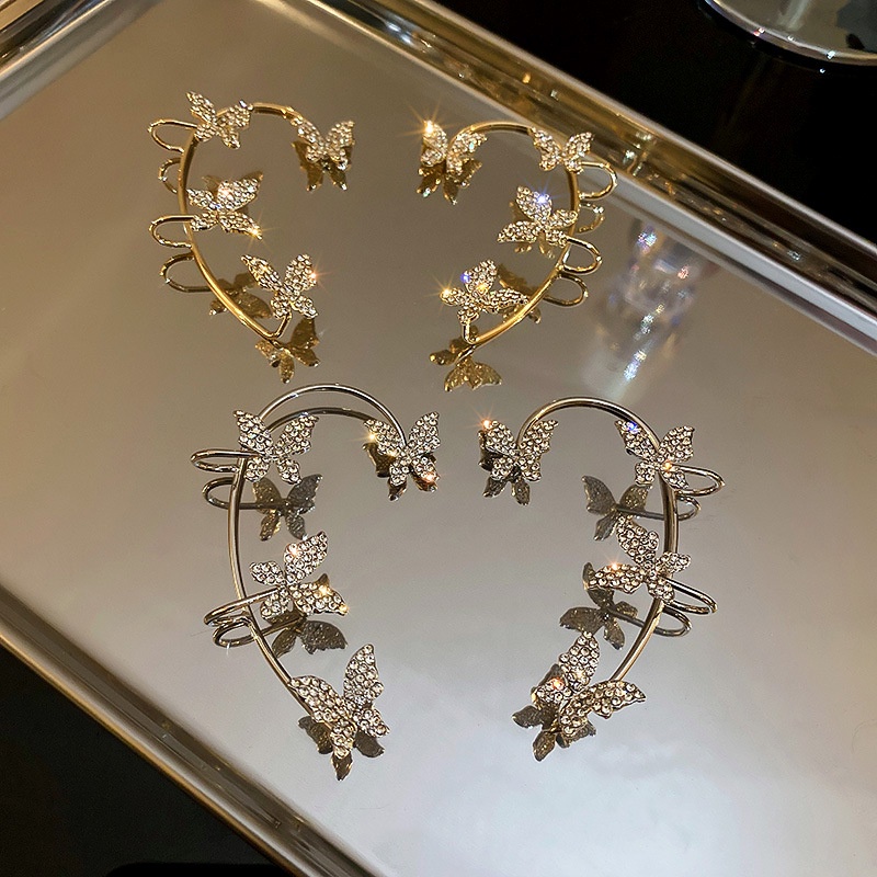 Khuyên Kẹp Vành Tai Đơn Hình Bướm / Bông Tuyết / Lá Tua Rua Bằng Kim Loại Màu Vàng / Bạc Lấp Lánh Thời