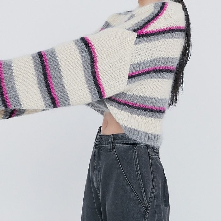 Áo Sweater Tay Dài Cổ Tròn Kẻ Sọc Màu Tương Phản Kiểu Retro Nhật Bản Thời Trang Thu Đông Cho Nữ